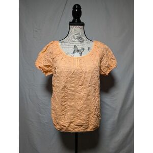 St. John's Bay Women's Pink Peach Eyelet Short Sleeve Blouse Size Petite Medium